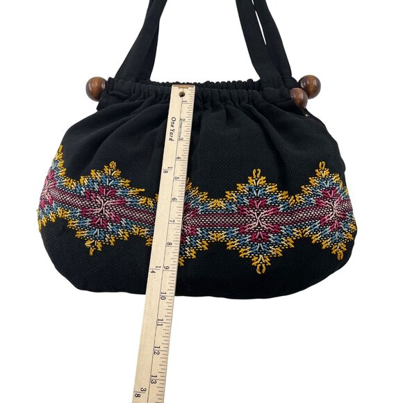 Handmade Black Shoulder Bag Colorful Embroidery & Wooden Accents reversible - Picture 5 of 9